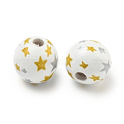 プリントウッドヨーロピアンビーズ  星柄丸  ダークチソウ  15.5~16mm  穴：4~4.5mm&nbsp;WOOD-G022-03A