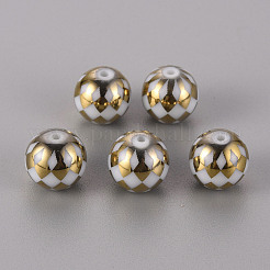 電気メッキガラスビーズ  グリッド模様とラウンド  黄金メッキ  10mm  穴：1.2mm&nbsp;EGLA-Q123-013D