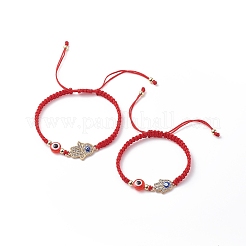 調節可能なナイロン スレッド コード二重編組ビーズ ブレスレット セット  ナザールボンジュウレジンビーズと合金ラインストーンハムサハンドビーズ付き  ミックスカラー  内径：2~3-3/8インチ（5.2~8.6cm）&nbsp;BJEW-JB08741