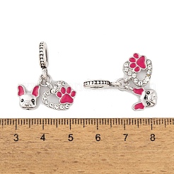 ラック メッキ 合金 クリスタル ラインストーン ヨーロピアン ダングル チャーム  犬とハートの大きな穴のペンダント、チェリー色のエナメル  プラチナ  28mm  穴：5mm&nbsp;X-FIND-C055-28P