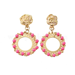 Flat Round Brass Enamel Dangle Stud Earrings&nbsp;EJEW-S261-01G