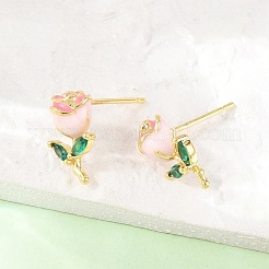Valentine's Day Flower Brass Micro Pave Clear Cubic Zirconia Stud Earrings&nbsp;EJEW-T051-01G