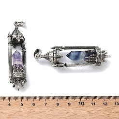 天然蛍石のファセット加工された尖った弾丸型の大きなペンダント  合金製のセッティングが施された城のキャンドルホルダーチャーム  アンティークシルバー  67x21.5x15mm  穴：7.5x6.5mm&nbsp;G-P613-01AS-03