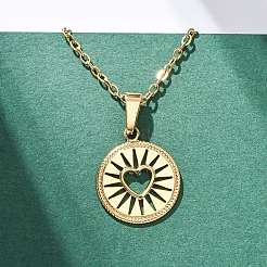 Flat Round with Heart 304 Stainless Steel Pendant Necklaces&nbsp;NJEW-H059-15G