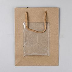 ロープハンドル付きクラフト紙の窓付きギフトバッグ  持ち運びに便利な紙製トートバッグ  長方形  淡い茶色  24x18x0.4cm&nbsp;ABAG-WH0038-76B