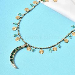 304ステンレススチール製パヴェグリーンキュービックジルコニアムーンペンダントネックレス（女性用）  猫の目で  ゴールドカラー  16.89インチ（42.9cm）&nbsp;NJEW-F362-03G