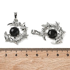 天然石オブシディアンペンダント  真鍮製の鳥の月チャーム  プラチナ  ラックめっき  27~28.5x23.5~24.5x6.5~7mm  穴：7x5mm&nbsp;G-B194-01P-08