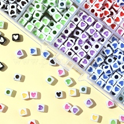 900 個 10 色不透明アクリルビーズ  ハートを持つキューブ  ミックスカラー  4.5x4.5x4.5mm  穴：2mm  90個/カラー&nbsp;OACR-FS0004-04