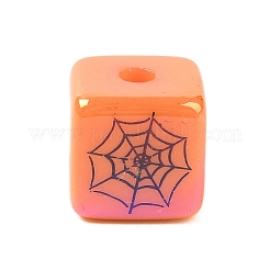 ハロウィーン UVメッキアクリルビーズ  クモの巣のある四角形  ダークオレンジ  15x15x15mm  穴：3mm&nbsp;OACR-M013-08B