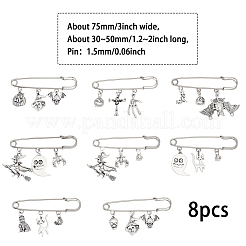 8Pcs 8 Style Halloween Pumpkin & Skull & Witch & Cat Zinc Alloy Charms Safety Pin Brooches Set&nbsp;JEWB-FH0001-30