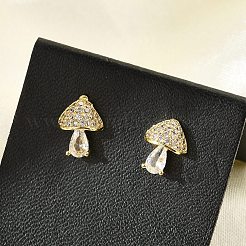 真鍮マイクロペーブクリアキュービックジルコニアスタッドピアス  鉛フリー＆カドミウムフリー  長持ちメッキ  ラックめっき  18KGP本金メッキ  キノコ  9x7mm&nbsp;EJEW-R016-26G-13