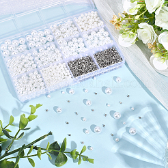 DIYファインディングキット  丸型ABSプラスチック模造パールビーズ900個とステンレススチール製4爪ネイル1500個を含む  ホワイト  4mm&nbsp;DIY-PA0001-22