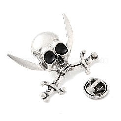 ハロウィン用の合金製ラペルピン（バックパック用）  頭蓋骨と剣  アンティークシルバー  29x35.5mm&nbsp;JEWB-C051-01B-AS