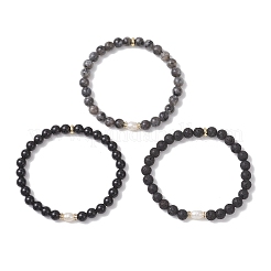 3Pcs Natural Larvikite & Lava Rock & Obsidian Round Beads Stretch Bracelets for Women&nbsp;BJEW-JB13057