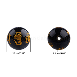 天然石瑪瑙ビーズ連売り  OMマニパドメハム  ラウンド  染め＆加熱  ブラック  10mm  穴：1.5mm  約38個/連  14インチ（35.6cm）  1連&nbsp;G-OC0001-37B-10mm