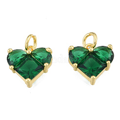 ガラスチャーム  丸カンと真鍮のパーツ  18KGP本金メッキ  ニッケルフリー  ハート  グリーン  12x12x4mm  穴：3mm&nbsp;KK-N233-423