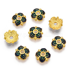 4-花びら合金エナメルビーズキャップ  ゴールドカラー  花  濃い緑  8mm  穴：1.6mm&nbsp;X1-ENAM-TAC0023-04