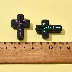 5個5色シリコンビーズ  ワードイエスと交差  ブラック  30x22x8mm  穴：2.5mm  1pc /カラー&nbsp;SIL-FS0001-06B