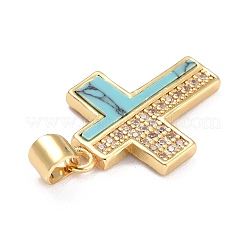 18KGP本金メッキ真鍮マイクロパヴェクリアキュービックジルコニアペンダント  合成ターコイズ付き  クロス  21.5x15x2mm  穴：5x3mm&nbsp;KK-G402-10G-A