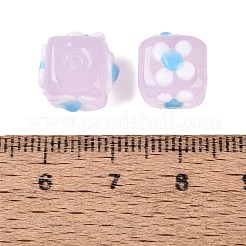 手作りのでこぼこランプワークビーズ  キューブと花  ミスティローズ  10.5~12x10.5~12x9.5~10.5mm  穴：1.4~1.6mm&nbsp;LAMP-N042-22A-02