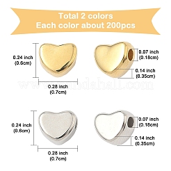 400個2色ccbプラスチックビーズ  ハート  プラチナ·ゴールデン  6x7x3.5mm  穴：1.8mm  200個/カラー&nbsp;CCB-YW0001-57