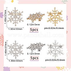 10個 2色クリスタルラインストーンクリスマススノーフレークブローチピン  女性用合金ラペルピン  プラチナ·ゴールデン  37x33x3mm  5個/カラー&nbsp;JEWB-GF0001-29
