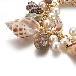天然巻き貝の殻チャームブレスレット  アクリル模造パールと鉄のローロチェーン付き  ゴールドカラー  23cm（エクステンダチェーン含む）&nbsp;LS-BJEW-WH0005-01P