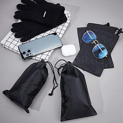 ポリエステルバッグ  巾着ロープ付き  長方形  ブラック  20x12x0.02cm&nbsp;ABAG-WH0035-026B