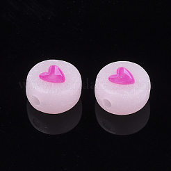 蓄光アクリルビーズ  ハート付きフラットラウンド  ミックスカラー  7x3.5~4mm  穴：1.2mm&nbsp;X-MACR-S273-26