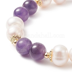 Natural Amethyst & Pearl Round Beaded Stretch Bracelet for Women&nbsp;BJEW-JB09246-01