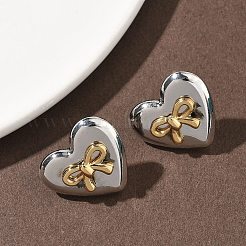 ツートンカラーの304ステンレススチールスタッドピアス  ハート＆ちょう結び  イオンプレーティング（ip）  長持ちメッキ  ステンレス鋼色  17.5x20mm&nbsp;EJEW-B156-15P
