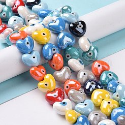 釉薬をかけた磁器ビーズの連  光沢のあるセラミックビーズ  パールカラーの  ナザールボンジュウ付きハート  ミックスカラー  16.5x14x10mm  穴：1.8mm  約23個/連  11.81''（30センチメートル）&nbsp;X-PORC-K003-02