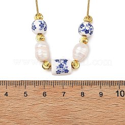 Natural Pearl Rice & Handmade Chinoiserie Floral Printed Porcelain Beaded Necklaces with Brass Round Snake Chains for Women&nbsp;NJEW-JN06400