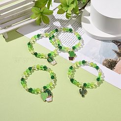 4 個 4 スタイル アクリル ラウンド ビーズ ストレッチ ブレスレット セット  サボテンと葉の合金エナメル チャーム スタッカブル ブレスレット 女性用  グリーン  チャーム：25~30x15~23x1~1.5mm  内径：2-1/4インチ（5.7cm）  1個/スタイル&nbsp;BJEW-JB08926-04