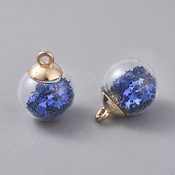 ガラスボールペンダント  星のグリッタースパンコールと金メッキのccbプラスチックカップヒートンキャップ  ラウンド  ブルー  20.5x15mm  穴：2.5mm&nbsp;GLAA-WH0015-26E
