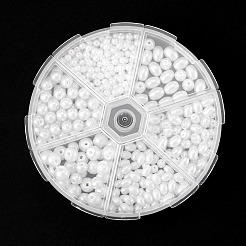 410個 6種類のガラスパールビーズ  ラウンド＆ライス  ホワイト  3~8x3~8mm  穴：0.9~1mm&nbsp;HY-TA0003-04A