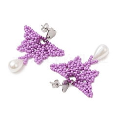 ガラスシードビーズの蝶のスタッドピアス  イミテーションパールのアクリルビーズと304ステンレススチールのハートスタッドピアス金具付き  プラチナ  暗紫色  45.5x37.5mm&nbsp;EJEW-MZ00351-02