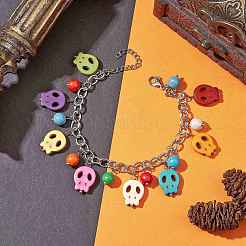 Halloween Dyed Synthetic Turquoise Skull Pendant Brass Cable Chains Bracelets&nbsp;BJEW-TA00471