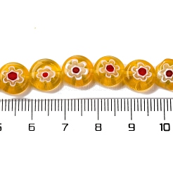 ハンドメイドミッレフィオーリ ランプワークビーズ連売り  フラットラウンド  ゴールド  10x3.5mm  穴：0.8mm  約38個/連  14.65''（37.2センチメートル）&nbsp;LAMP-G164-04D