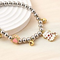Brass Enamel Round Beads Charm Bracelets for Women&nbsp;BJEW-D317-11C-PG
