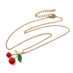 Brass Micro Pave Clear Cubic Zirconia & Resin Red Cherry Pendant 304 Stainless Steel Cable Chain Necklaces for Women&nbsp;NJEW-H092-02G