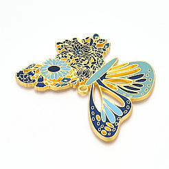 ラックメッキ合金エナメルビッグペンダント  カドミウムフリー＆ニッケルフリー＆鉛フリー  花のチャームが付いた蝶  ゴールドカラー  ミックスカラー  55.5x67x2mm  穴：2.5mm&nbsp;ENAM-N056-397-G