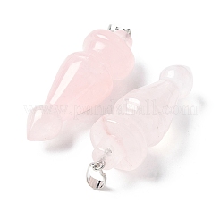 天然石ローズクォーツペンダント  コーンチャーム  真鍮パーツ  プラチナ  53.5~55.5x18~18.5mm  穴：7x5.5mm&nbsp;G-C187-01E