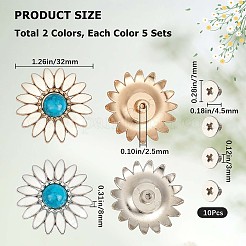 10セット2色の亜鉛合金エナメルボタン  合成ターコイズと鉄のネジで  財布用  バッグ  革工芸装飾  ヒマワリ  ディープスカイブルー  32x8mm  穴：2.5mm  5セット/カラー&nbsp;BUTT-GF0001-18