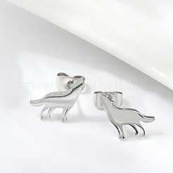 変色しないウルフ 304 ステンレススチール製スタッドピアス（女性用）  ステンレス鋼色  11x11mm  ピン：0.7mm&nbsp;EJEW-Z017-13P