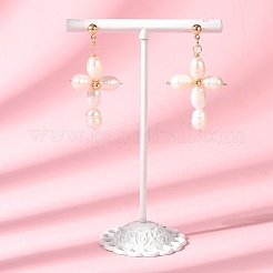 Natural Pearl Beaded Cross Dangle Stud Earrings&nbsp;EJEW-JE05257