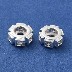 ラックメッキ真鍮パヴェクリアキュービックジルコニアヨーロピアンビーズ  長持ちメッキ  カドミウムフリー＆鉛フリー  フラットラウンド  銀  8x3.5mm  穴：4mm&nbsp;KK-M285-17S