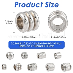 90個 9スタイル ステンレススチール ヨーロピアンビーズ  大穴ビーズ  列と紋章  ステンレス鋼色  3~8x6~8mm  穴：3~5mm  10個/スタイル&nbsp;OPDL-YW0001-10