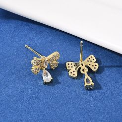 Brass Micro Pave Clear Cubic Zirconia Bowknot Dangle Stud Earrings&nbsp;EJEW-F400-14G