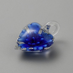 ガラスチャーム  花のチャーム付きハート  ブルー  27x21x11mm  穴：5.5x5.9mm&nbsp;GLAA-WH0036-21A